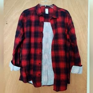 Red and black button down plaid shirt
